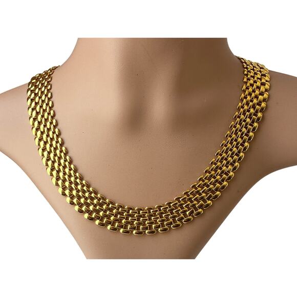 80s Gold Plated Flat Panther Articulated Chain Vintage Modernist Choker Necklace - Picture 7 of 7